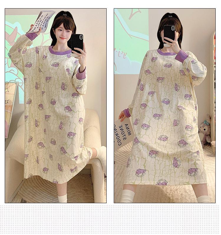 Nachthemd aus reiner Baumwolle in Übergröße mit Cartoon-Motiv (250 Jin) - Langärmliges, mittellanges Oberteil für Frühling/Herbst, geeignet für Zuhause oder als Freizeitkleidung für draußen