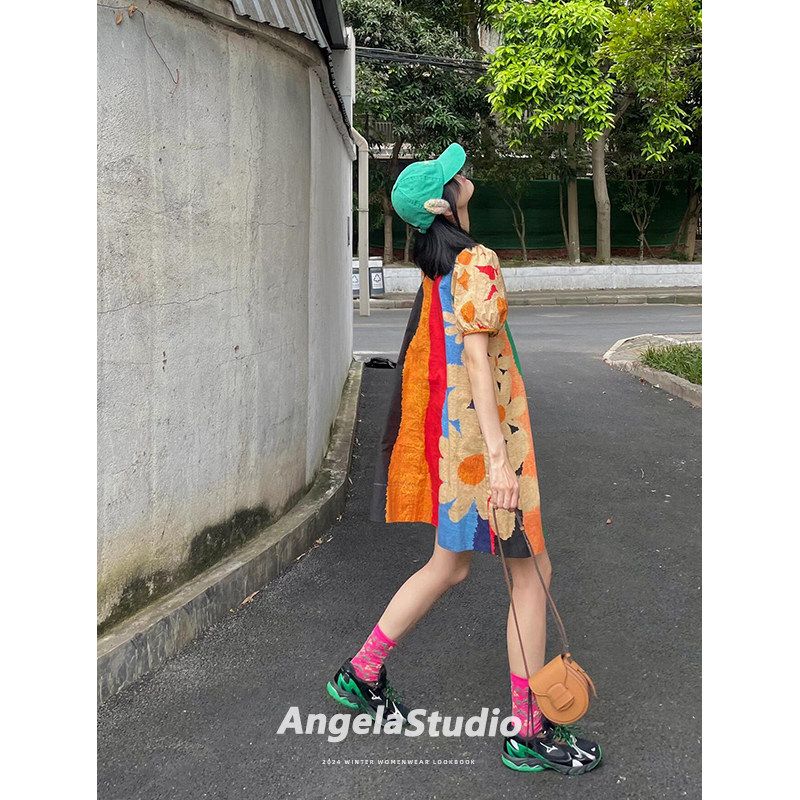 

Beautiful Summer Mini Dress, Vacation Babydoll Shirt, Mid-Length Printed Loose Dopamine Dress, Super Cute Dress for Petite People Rainbow color S