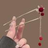 Elegant Red Velvet Rose Hair Stick with Golden Metal Frame Zircon Accent And Red Bead Tassel Retro Hanfu Style Hair Accessory