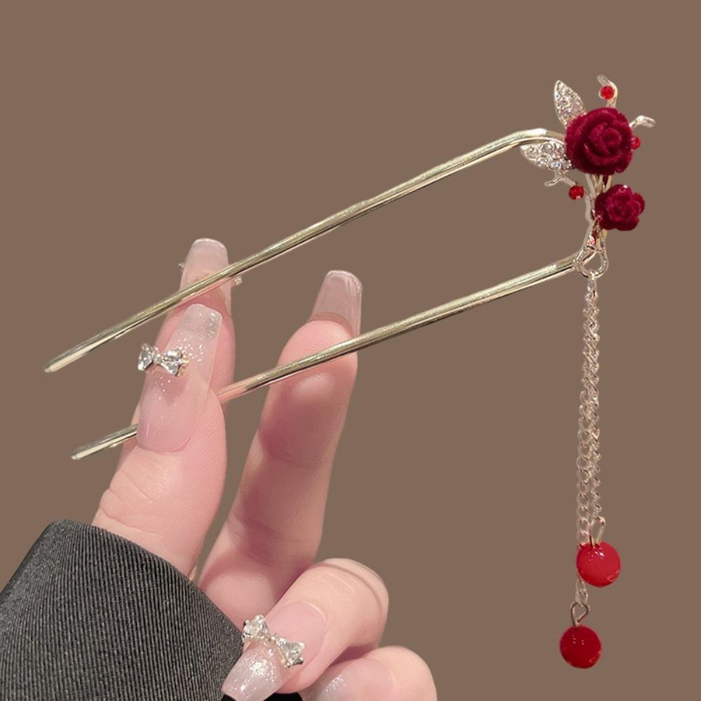 Elegant Red Velvet Rose Hair Stick with Golden Metal Frame Zircon Accent And Red Bead Tassel Retro Hanfu Style Hair Accessory