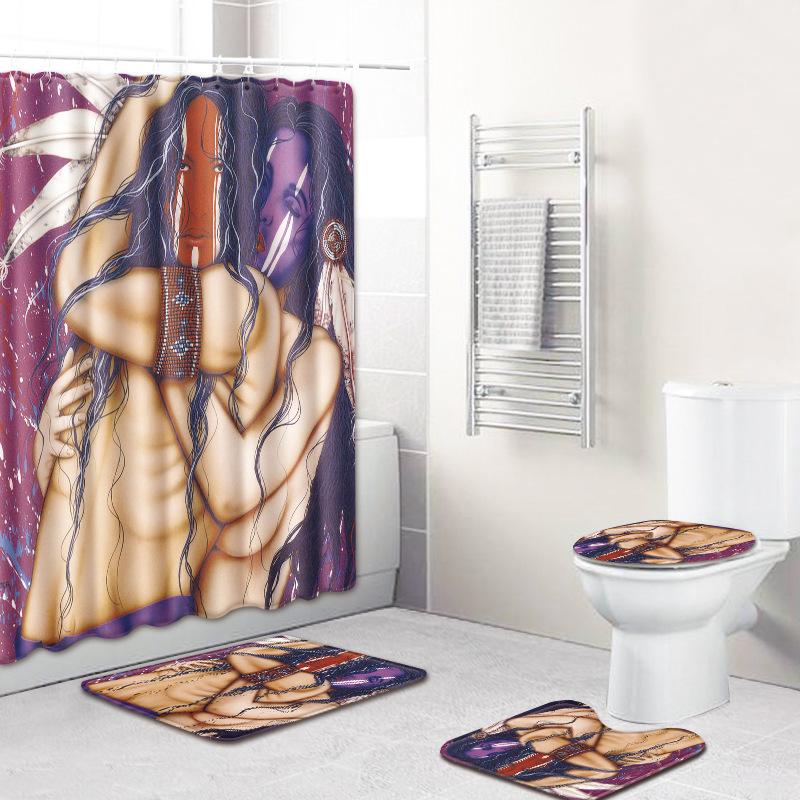 Abstract Art Bathroom Non-Slip And Anti-Mildew Floor Mat Shower Curtain Combination Carpet Couple Human Body
