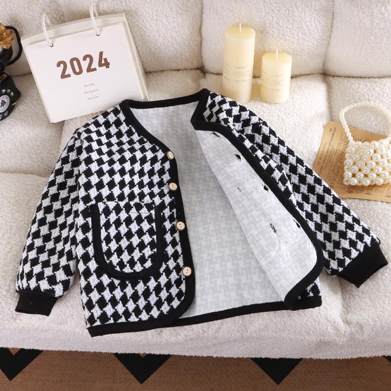 Children's Houndstooth Coat: Stylish Fragrant-Style Cardigan for Girls - Perfect for Autumn and Spring