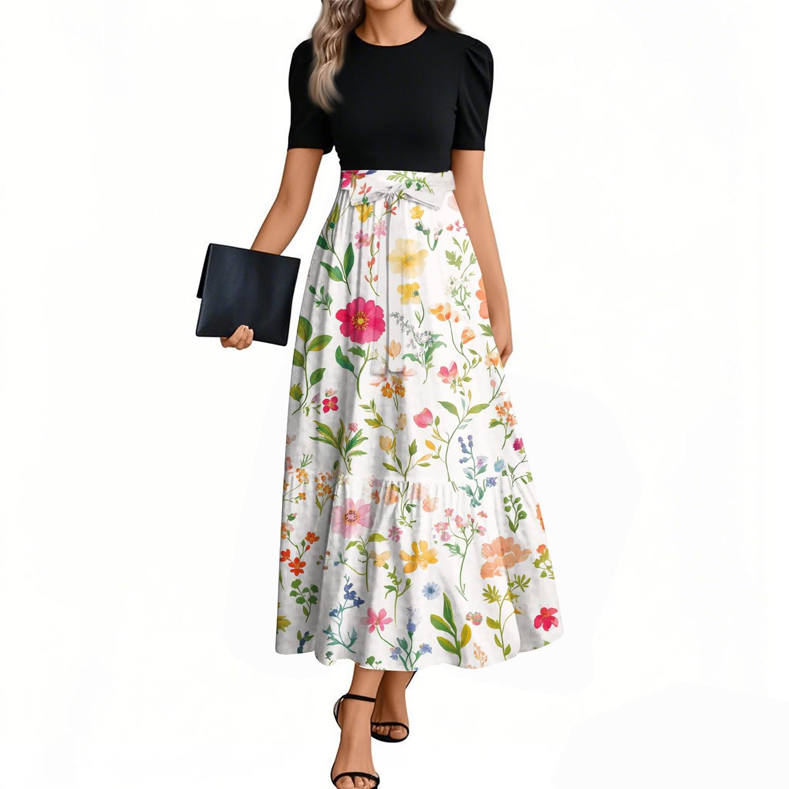 

Women s Fashion Casual Belt Short Sleeve Round Neck Floral Stitching Elegant Temperament Dress L
