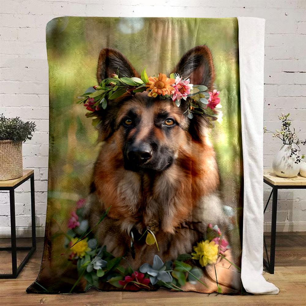 German Shepherd Floral Wreath Blanket bedroom Blanket for Livingroom Couch lunch break Soft throw for Friend's festival Gift