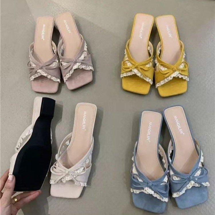 Fashion Fashion Lace Cross Bow Slippers Women's Summer New Square Toe Open Toe Soft Sole Low Heel Sandals