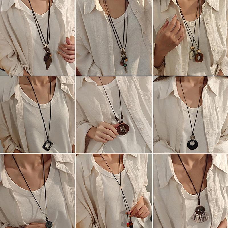 Resin Round Hollow Pendant Necklaces For Women Trendy Black Leather Rope Long Sweater Chain Necklaces Party Jewelry