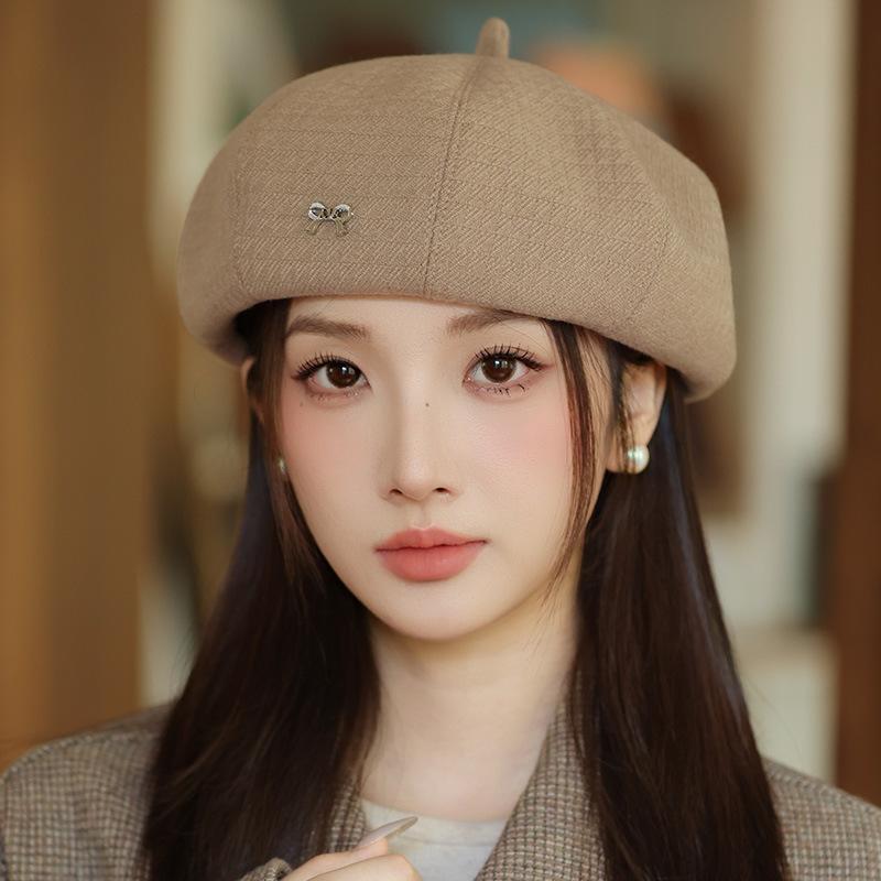 Korean Casual Bow Beret Women's Autumn and Winter New Style Face-showing Small Pumpkin Hat Warm and Versatile Octagonal Bud Hat