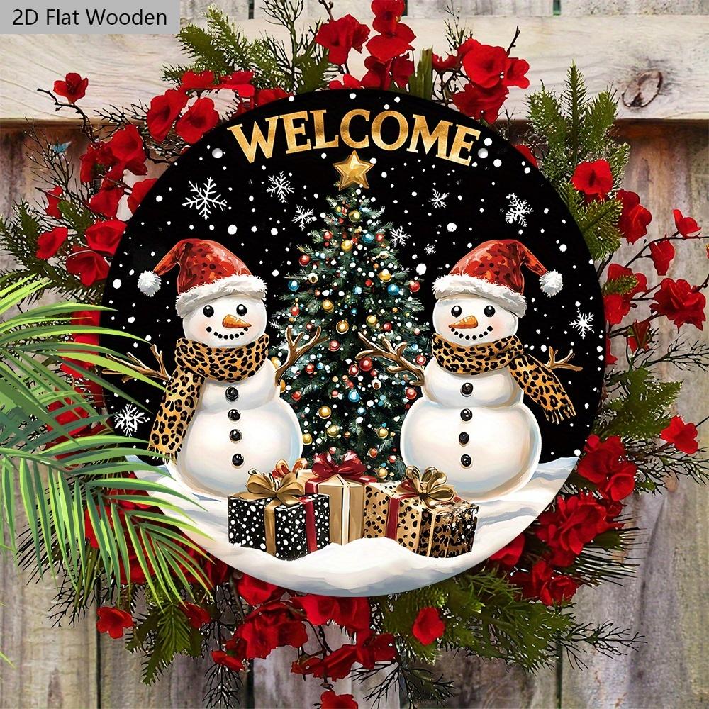 Rustikální vánoční dřevěná uvítací cedule se vzorem sněhuláka - Kulatá cedule Navidad na vchodové dveře, nástěnná dekorace - Ideální vánoční dekorace