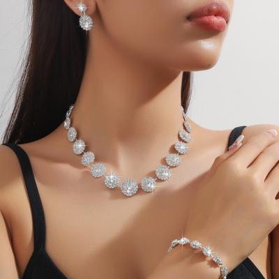 Moda Nova para Noivas Colar Brincos Pulseira de Diamante em Círculo Conjunto de Três Peças para Casamento Feminino