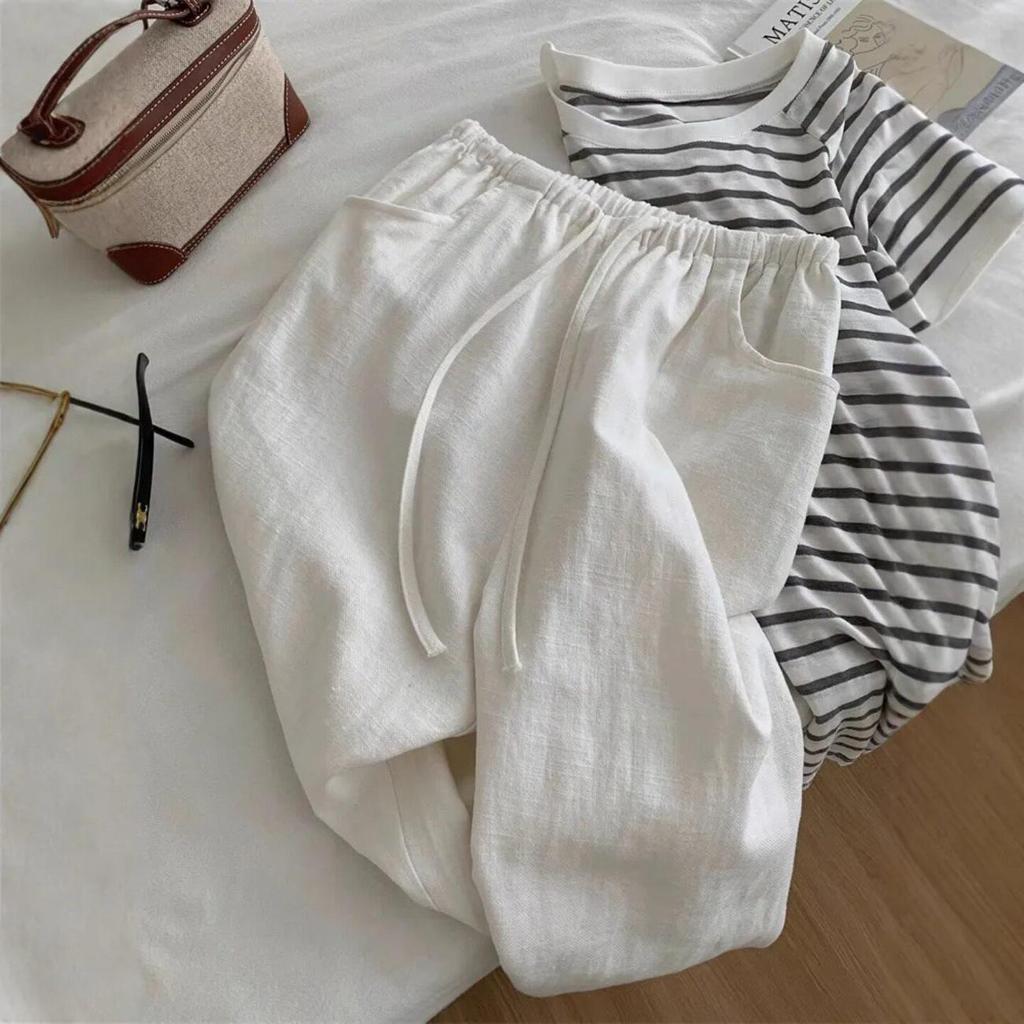 Women's White Anti-Wrinkle Tencel Linen Wide-Leg Pants - Summer Petite Draping Straight-Leg Style