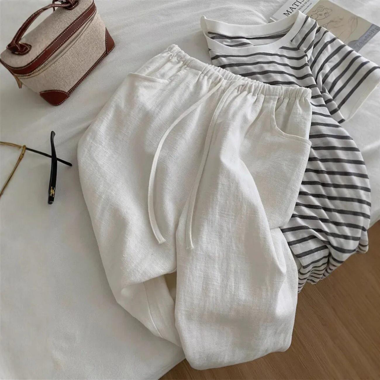 Women s White Anti-Wrinkle Tencel Linen Wide-Leg Pants - Summer Petite Draping Straight-Leg Style Extra Large