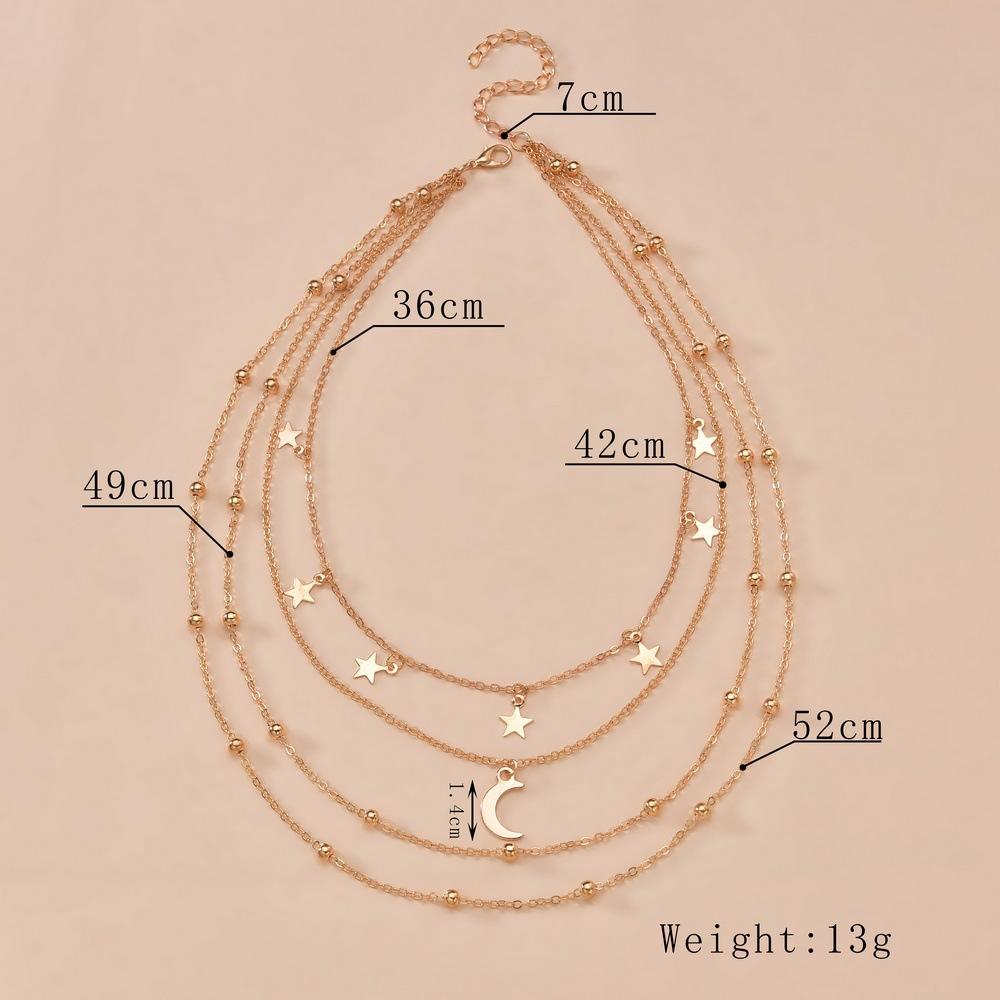 Light luxury style star fringed moon pendant multi-layer chain metal necklace