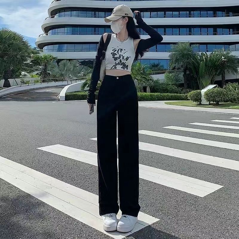 

Американские джинсы в стиле ретро, ​​женские темно-фиолетовые брюки с высокой талией и широкими штанинами, повседневные свободные тонкие модные модные прямые брюки Y2k, уличная одежда 2XL чёрный