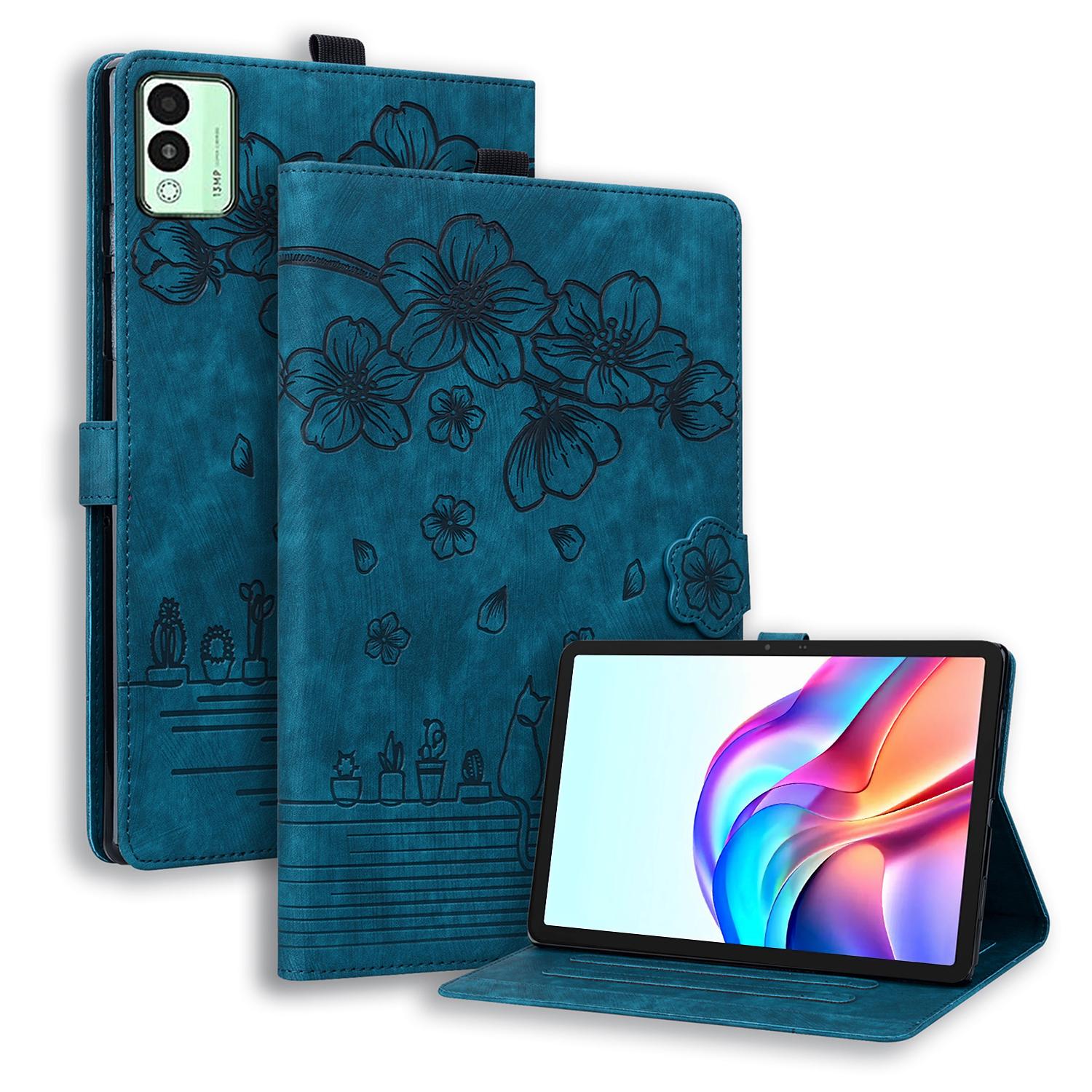 

For TECNO Megapad 11 Case Card Slots Leather Tablet Stand Folio Cover Flower Cat Blue