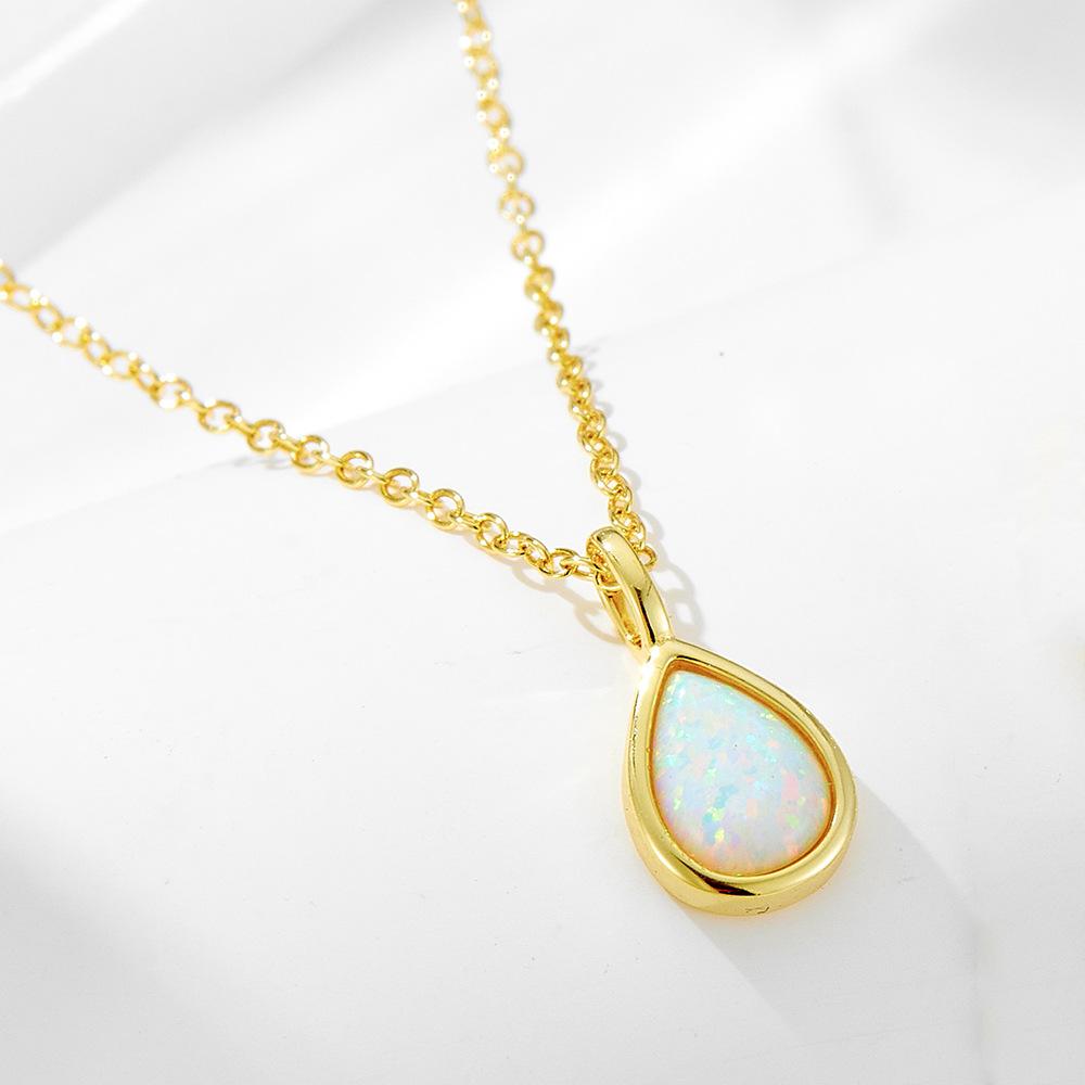 S925 Sterling Silver Geometric Pear Shape Opal Pendant Necklace Gold Plated Water Drop Pendant Clavicle Chain Necklace