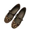Sheepskin Version~ Niche Retro Round Head Ballet Shallow Mouth One-word Buckle Flat Bottom Leopard Print Single Shoes Women's Genuine Leather Mar