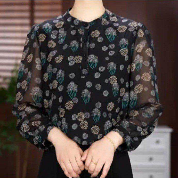 Women's Plus Size Printed Long-Sleeve T-shirt for Spring & Summer - Loose Slimming Fit for Middle-Aged & Elderly