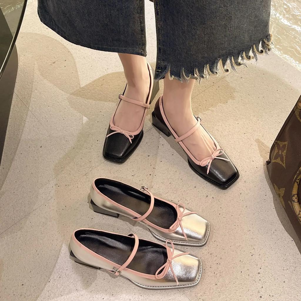 Square Toe High Heels Butterfly-knot Buckle Strap Ladies Shoes Mary Janes Block Heel Women Pumps Party Wedding Shoe