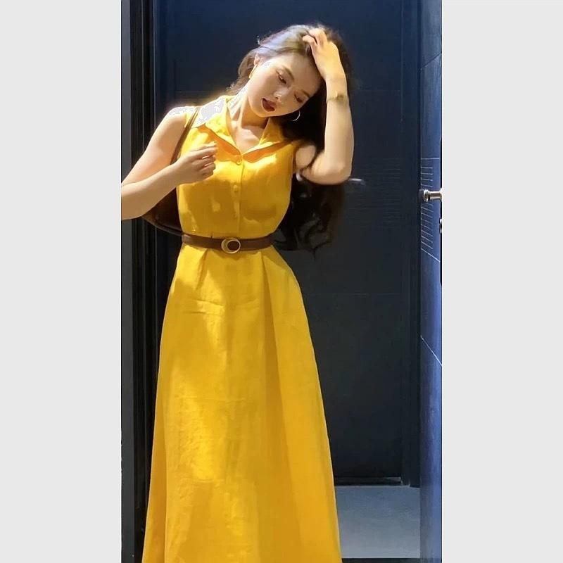 Summer French Niche Yellow Lapel Sleeveless Shirt Yellow Dress Fashion Temperament Waist Dress