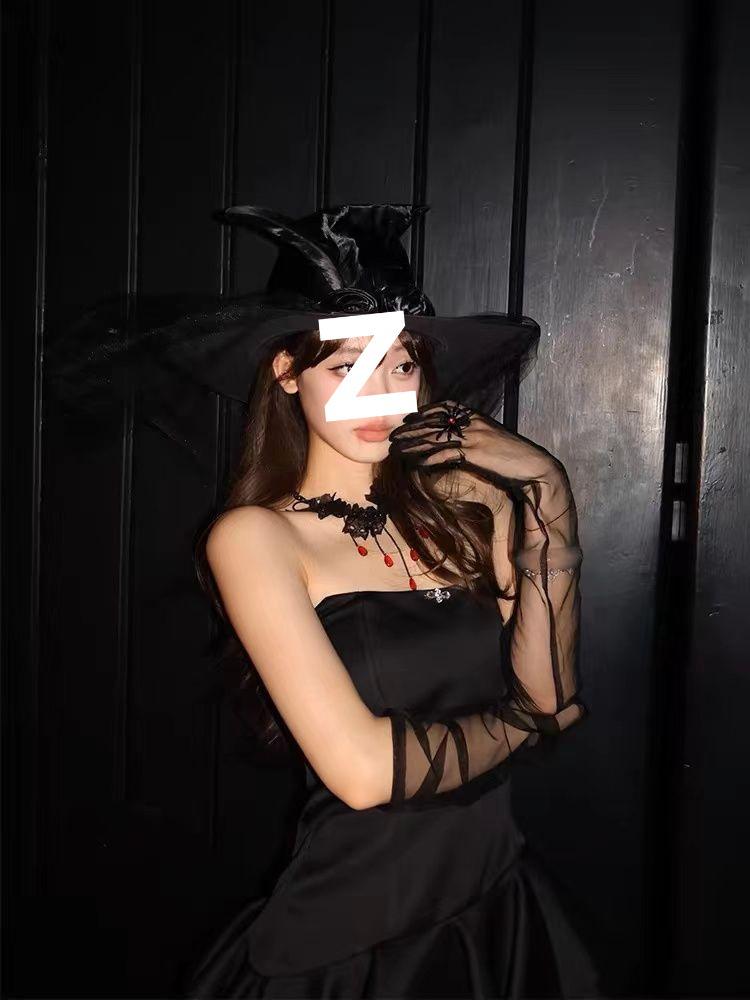 Black Lolita Witch Wizard Hat with Veil - Halloween Cosplay Accessory