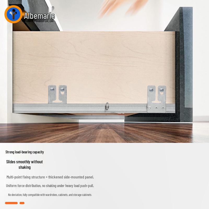 Two-Section Damping Side Mount Drawer Slide for Cabinets - Hole-Free, Hidden Bottom Guide Rail