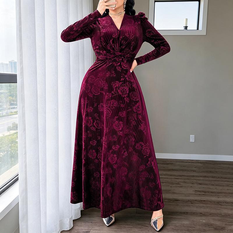 Plus Size Women Spring Autumn Long Sleeve Velvet Maxi Dress V Neck Twist Waist A Line Formal Gown