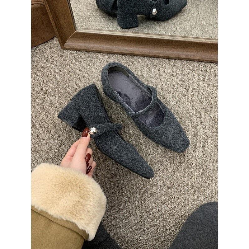 Square head gray thick heel single shoes women's winter velvet evening high heel Mary Jane fluffy shoes