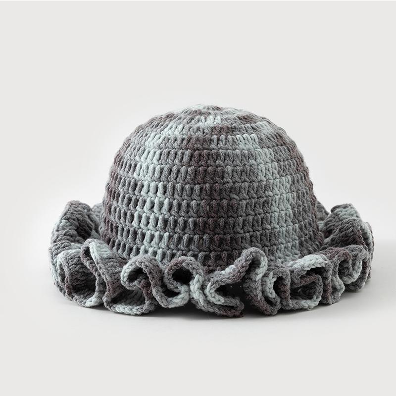 New Colorful Crochet Ruffle Brim Knit Bucket Hats Winter Woman Handmade Stretch Fisherman Cap Outdoor Warm Windproof Beanie Hat
