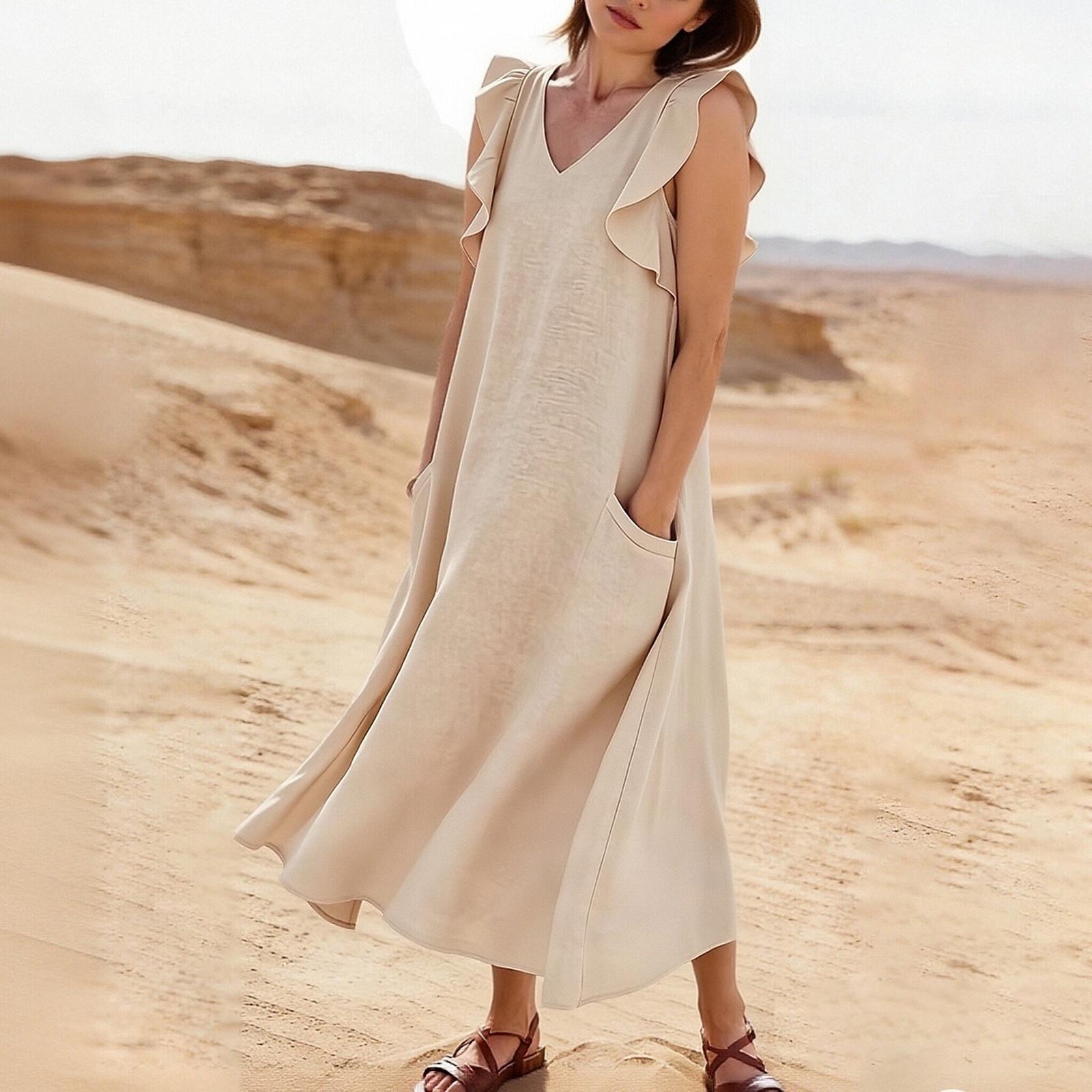 Women Casual Pocket Dress V Neck Sleeveless Ruffle Sleeve Loose Fit Cotton Linen Midi Dress Summer Beachwear M бежевый