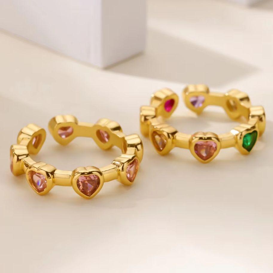Colored Zircon Stainless Steel Heart Rings For Women Gold Color Heart Opening Ring Wedding Christmas Jewelry Gift