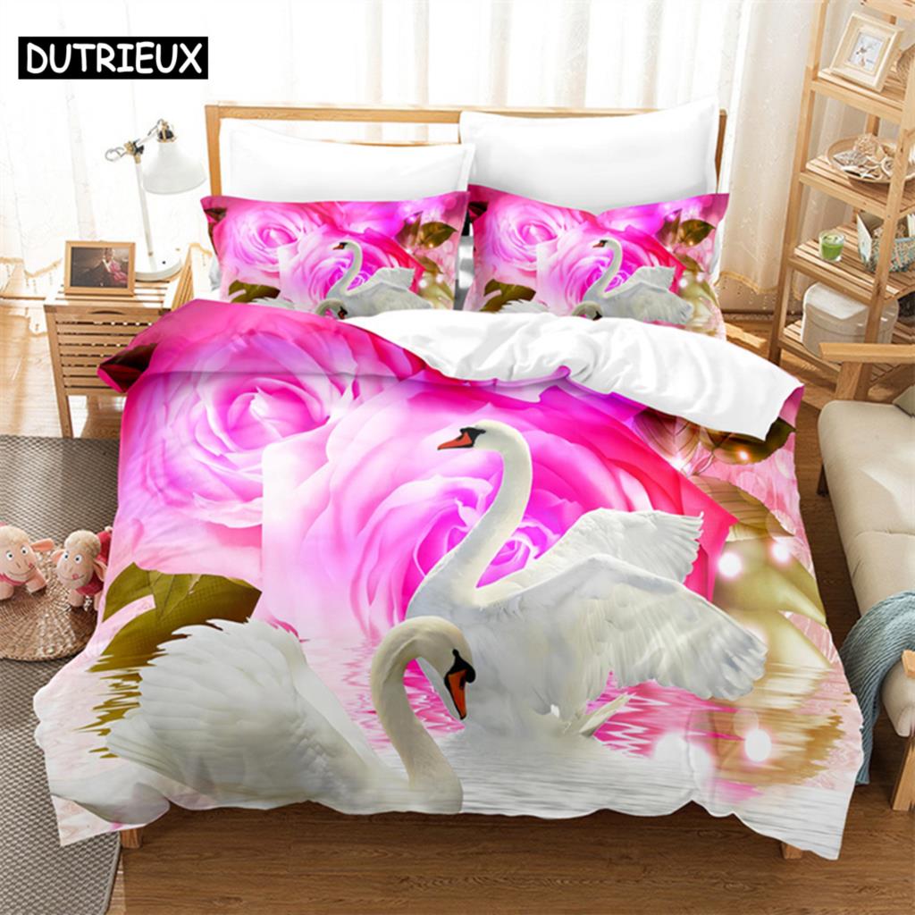 Schwan Rose Queen Bettwäscheset Bettbezugset Bettwäsche Digitaldruck Bettwäsche King Size Bettbezugset Bettwäscheset