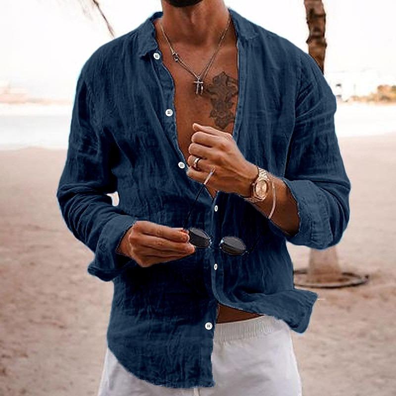 Cotton and linen new men's long-sleeved shirt solid color lapel casual style shirt