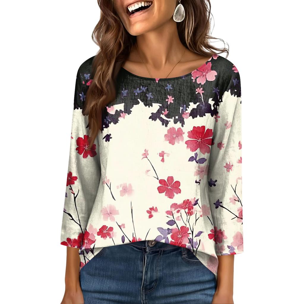 Women's Fashionable Casual Round Neck  3/4 Sleeve  Printed T-Shirt Top