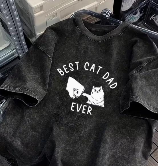 

Retro Washed Black Tshirt Loose Fit Unisex Retro Printed Short Sleeved Round Neck Shirt with Best Cat Dad Pattern Tops S