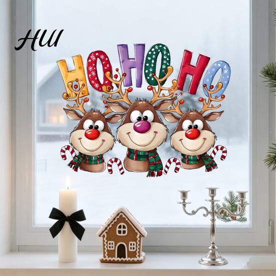Xmas Party Supplies Christmas Static Cling Window Stickers, Cartoon Reindeer HOHOHO Art Glass Decals, Winter Holiday Ornaments Festive Decor for Home