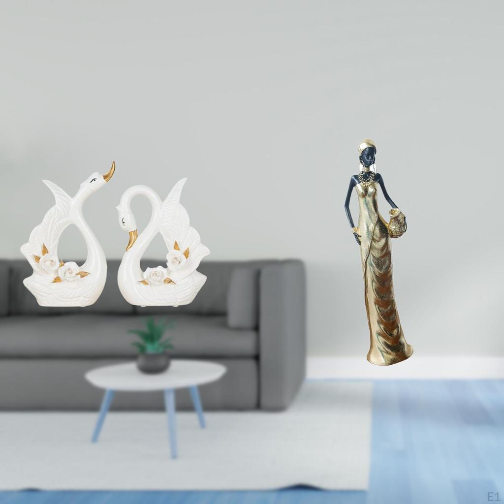 Elegant Swan And Tribal Lady Ceramic Sculpture Set for Bookshelf Cabinet Desk Bedroom Housewarming