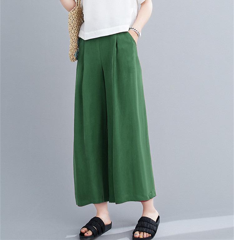 

Drapey High-Waist Silk Cupro Wide-Leg Pants for Women, Plus Size, Nine-Tenth Length, Summer Slimming Skirt Style. L темно-зеленого