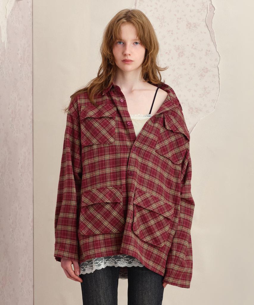 SUNBURNPROJECT Pocket Overfit Check Shirt, Burgundy