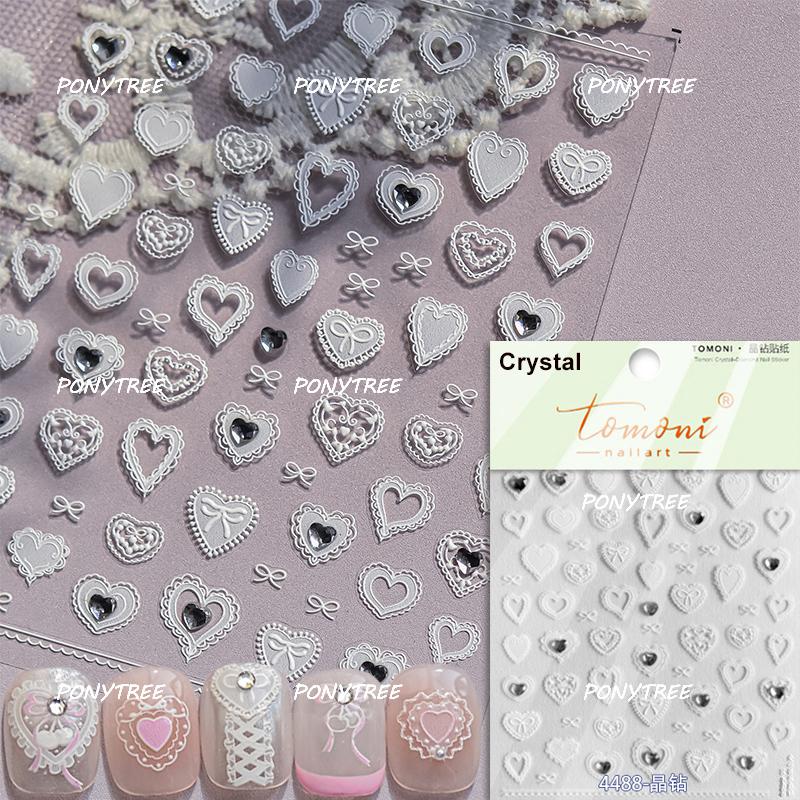 Delicate White Lace Bowknot Simulated Fabric Ribbon Silver Stamped Noble Rhinestone 5D Adhesive Nail Art Sticker Manicure Decal