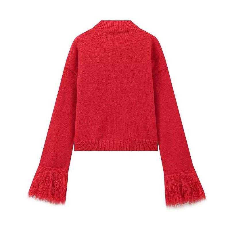 Women Solid Knit Cardigan With Faux Fur Trim Long Sleeve