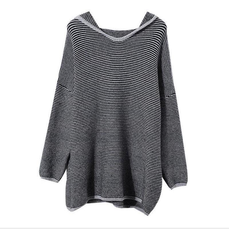 Plus Size Sweater Thickened Hooded Female Autumn Loose Striped Knit Sweater Warm Knit Sweater Tops