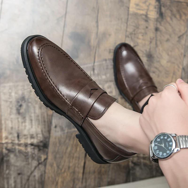Men Thick Soled Loafers Shoes Leather Dress Shoes Men Outdoor Walking Shoes Comfortable Men Party Wedding Office Large Size Shoe