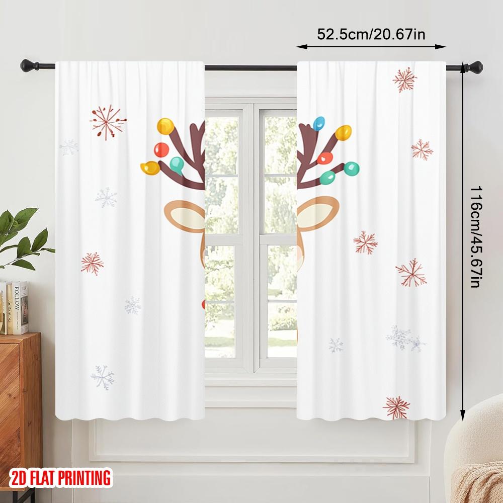 2pcs,2D Plane Printing Curtain Fabric Cute Christmas Deer Snowfall Holiday (3) Versatile 100% Polyester (without Rod)