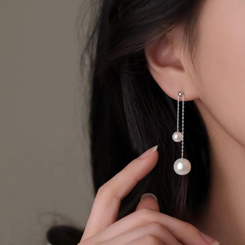 Sterling Silver Pearl Tassel Earrings - Elegant High-End Women's Jewelry