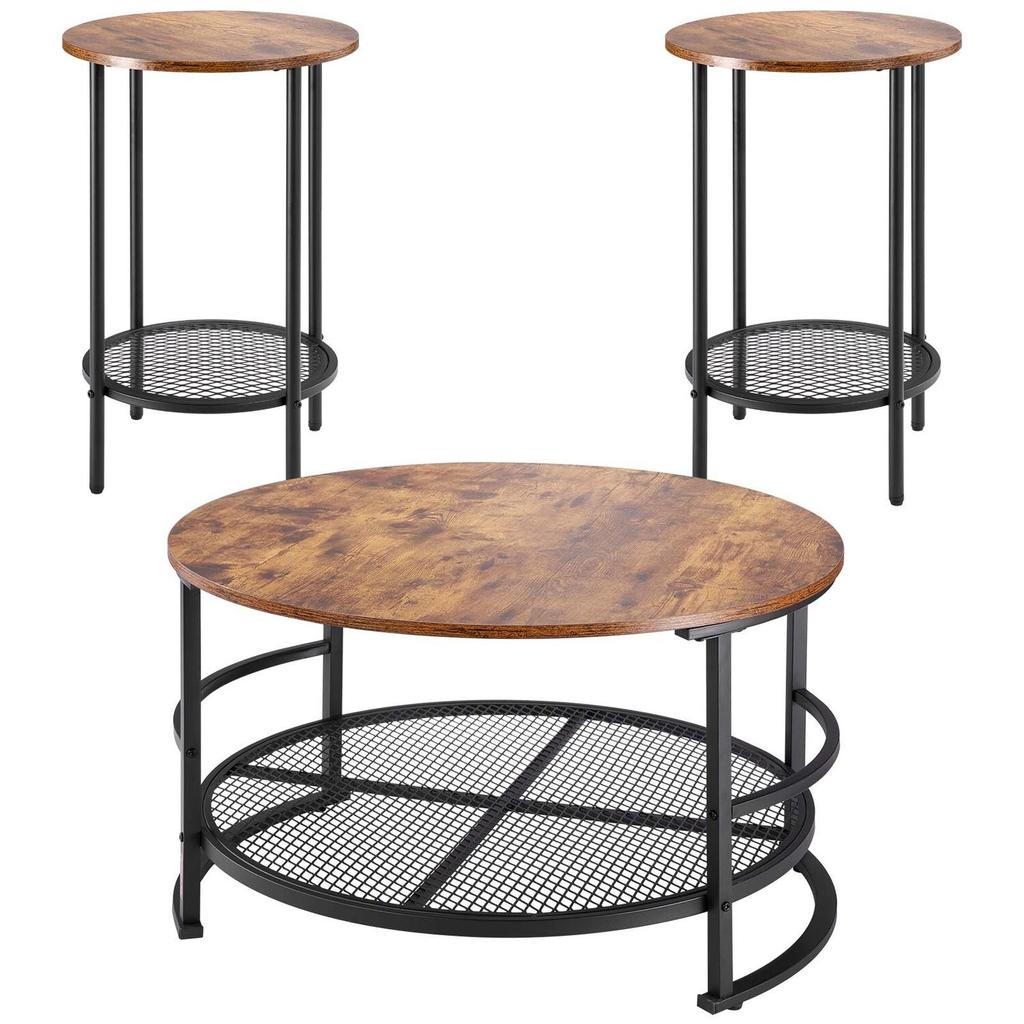3 Pieces Round Coffee Table Sets, 80 cm Industrial Living Room Table with 2 End Side Tables, Easy Assembly Coffee and End Tables Sets with Metal Legs,