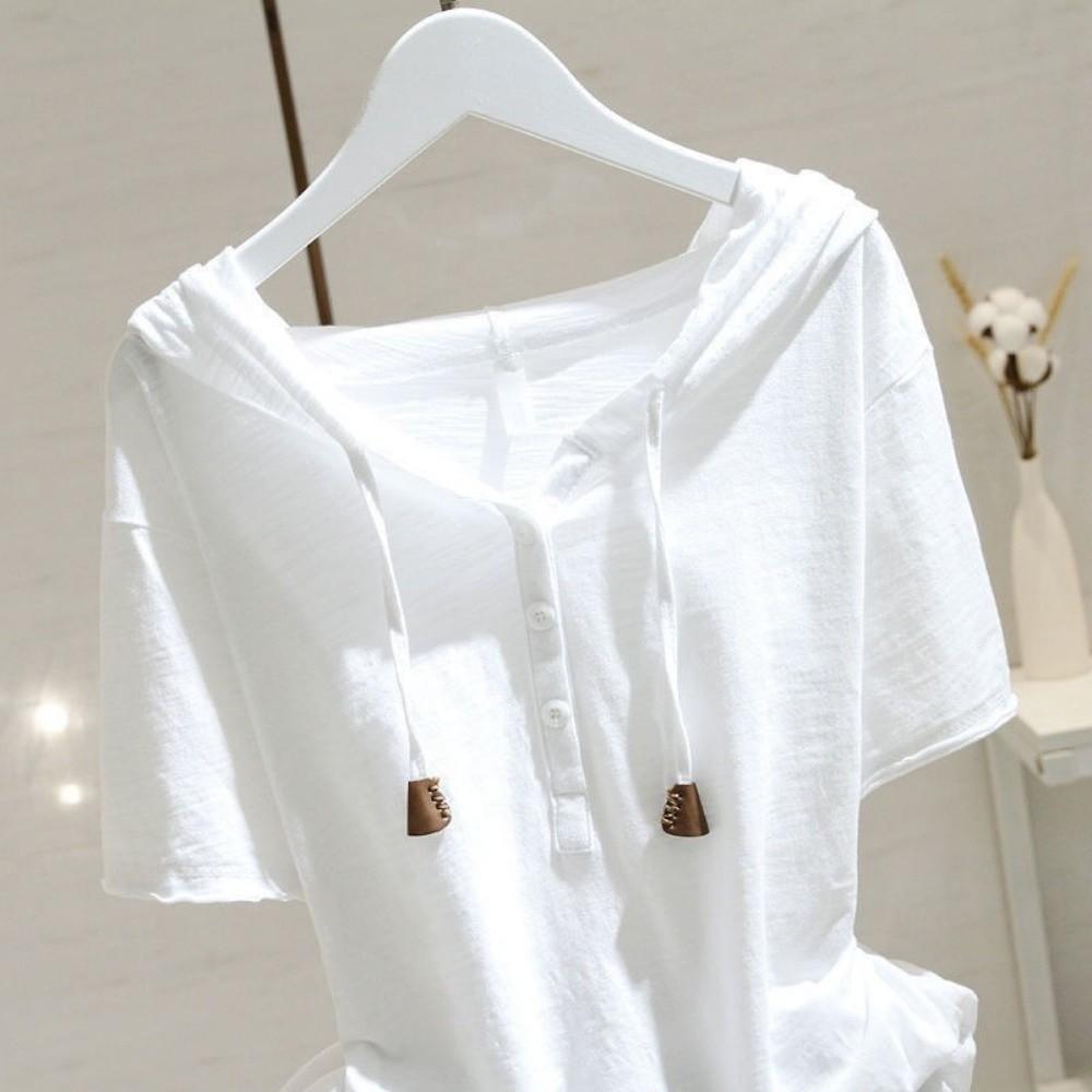 Thin Henley Shirt Hoodie Loose Fit Pullover Tops Fashion Hooded Short Sleeve T-Shirt Women