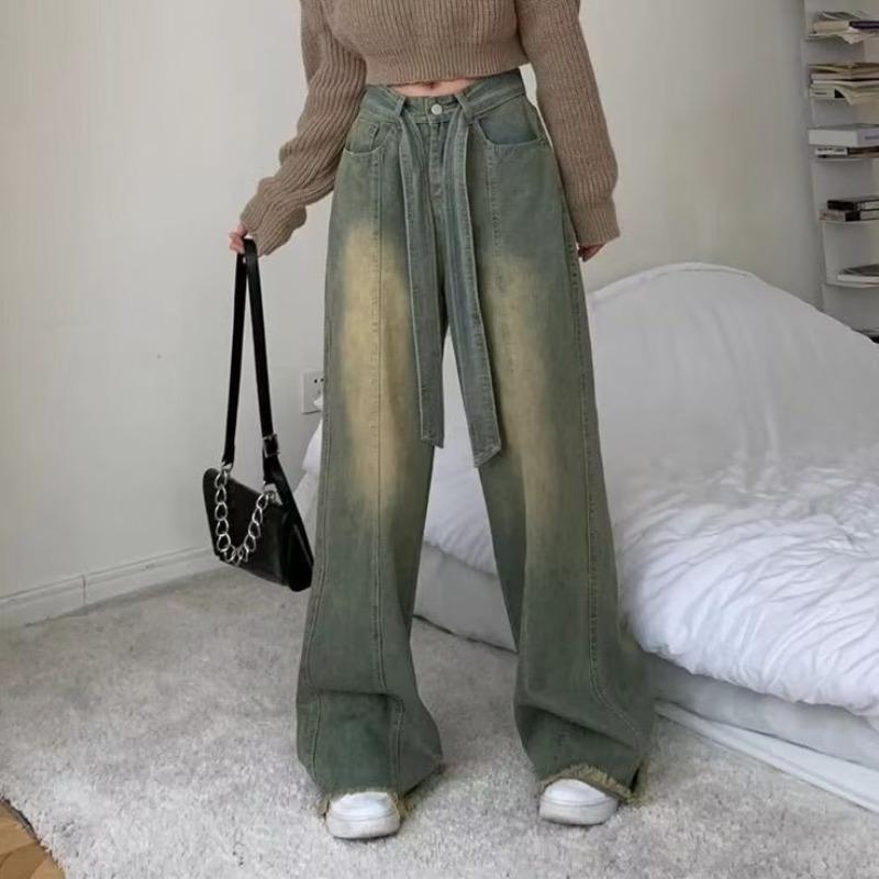 American Retro High-Waisted Wide-Leg Jeans for Women - 2024 Spring/Autumn Collection: Loose, Drapey Floor-Length Design