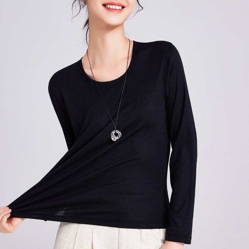 Collar Long-sleeved Tencel Women's Bottoming Shirt, Low-necked Temperament Slim-fitting and Thin Top In Spring and Autumn