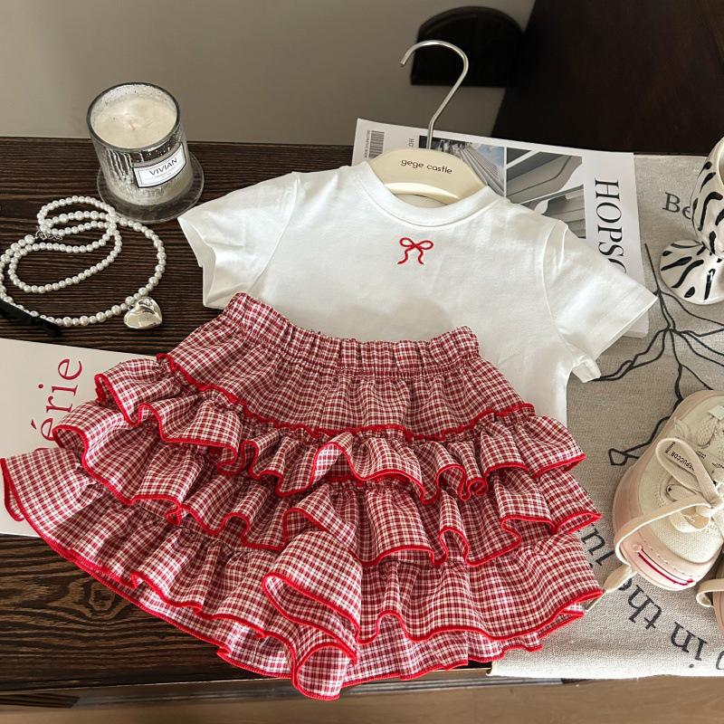 

Korean Style 2025 Summer Girls Bow T-shirt & Plaid Skirt Set 140 cm