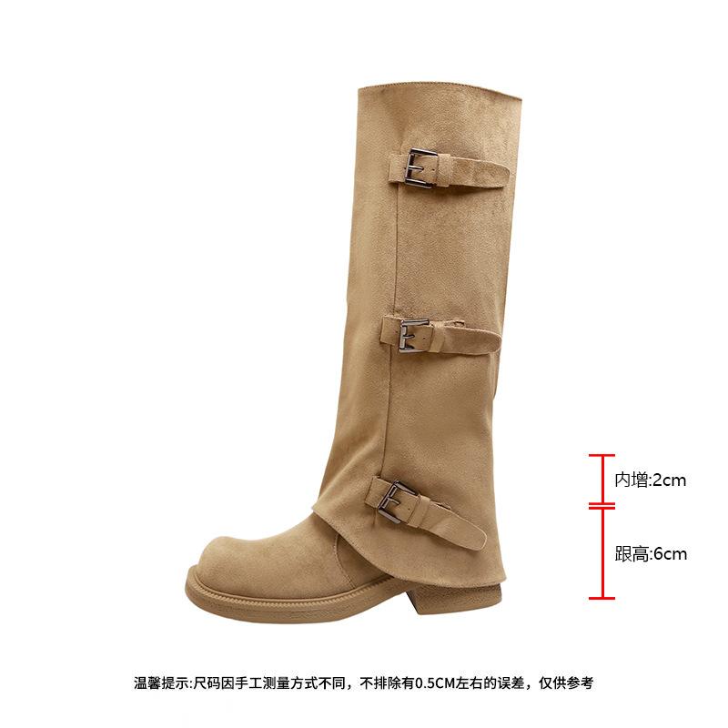 ~ Belt Buckle Square Round Head Pleated Medium Tube Knight, Autumn and Winter Pleated Stacked Pants Tube Women's Boots